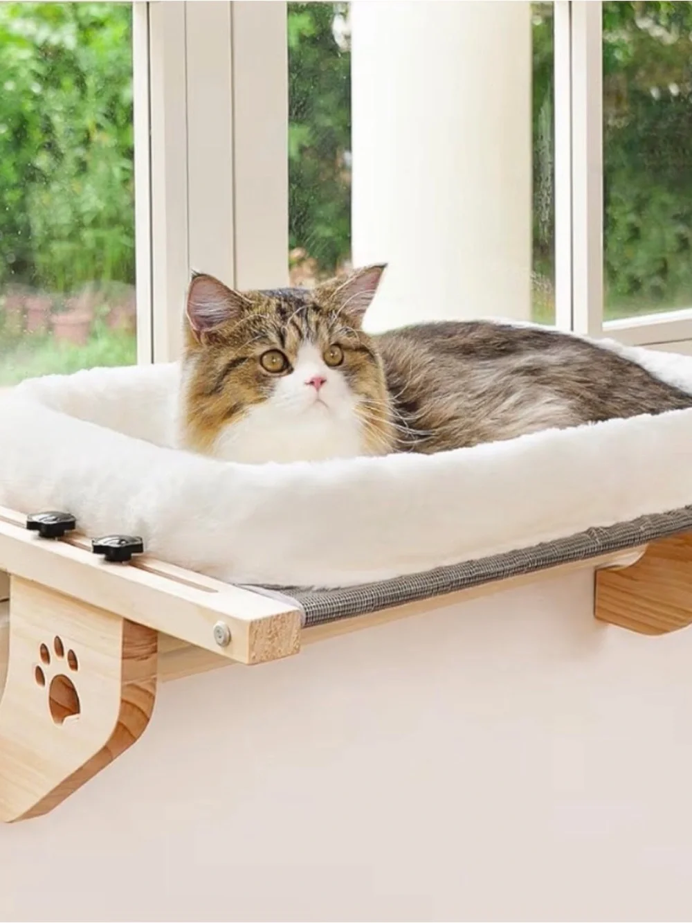 Plush White Window Cat Bed Shelf with Soft Faux Fur Cushion